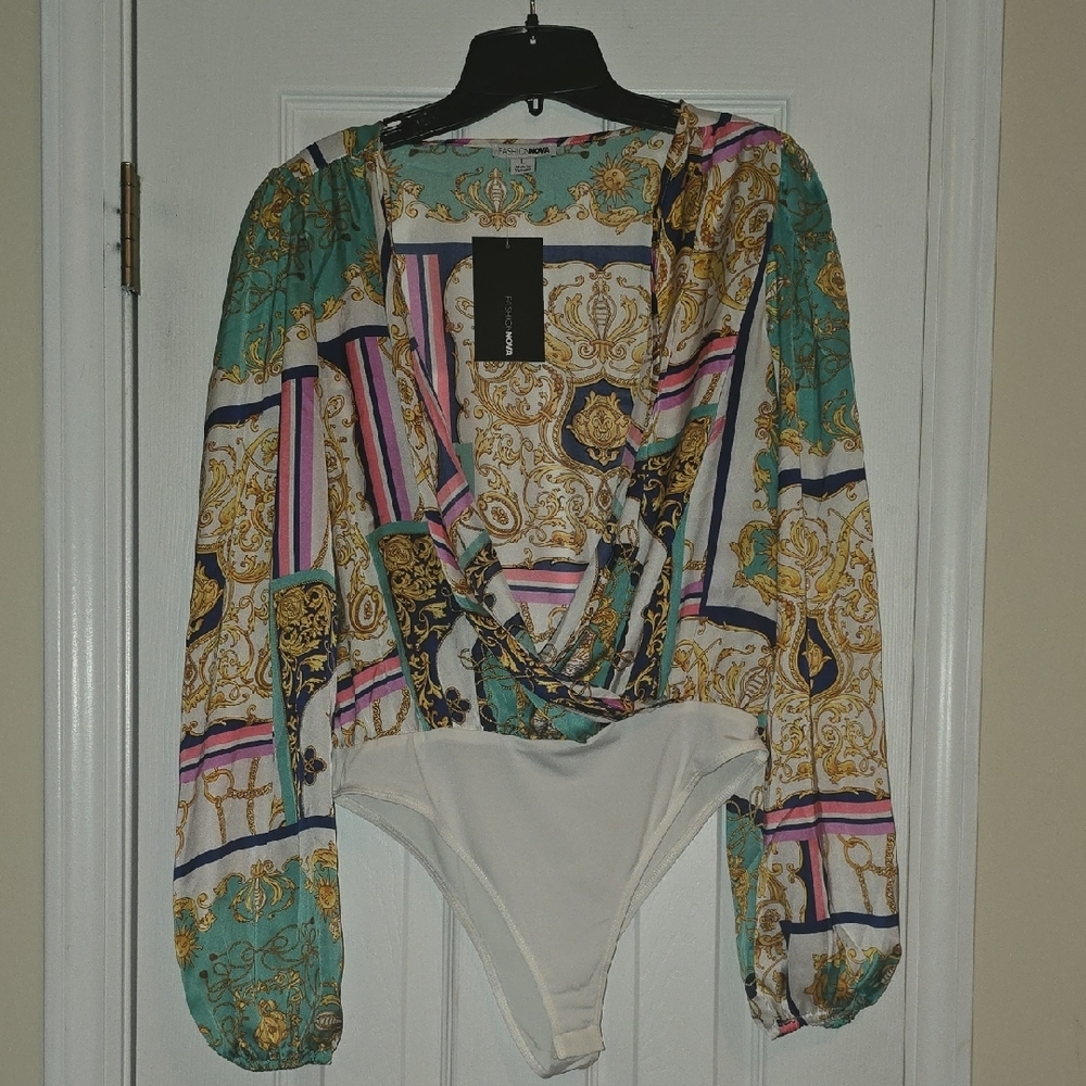 Patterned Long-Sleeve Wrap Bodysuit - Teal/Gold/White
